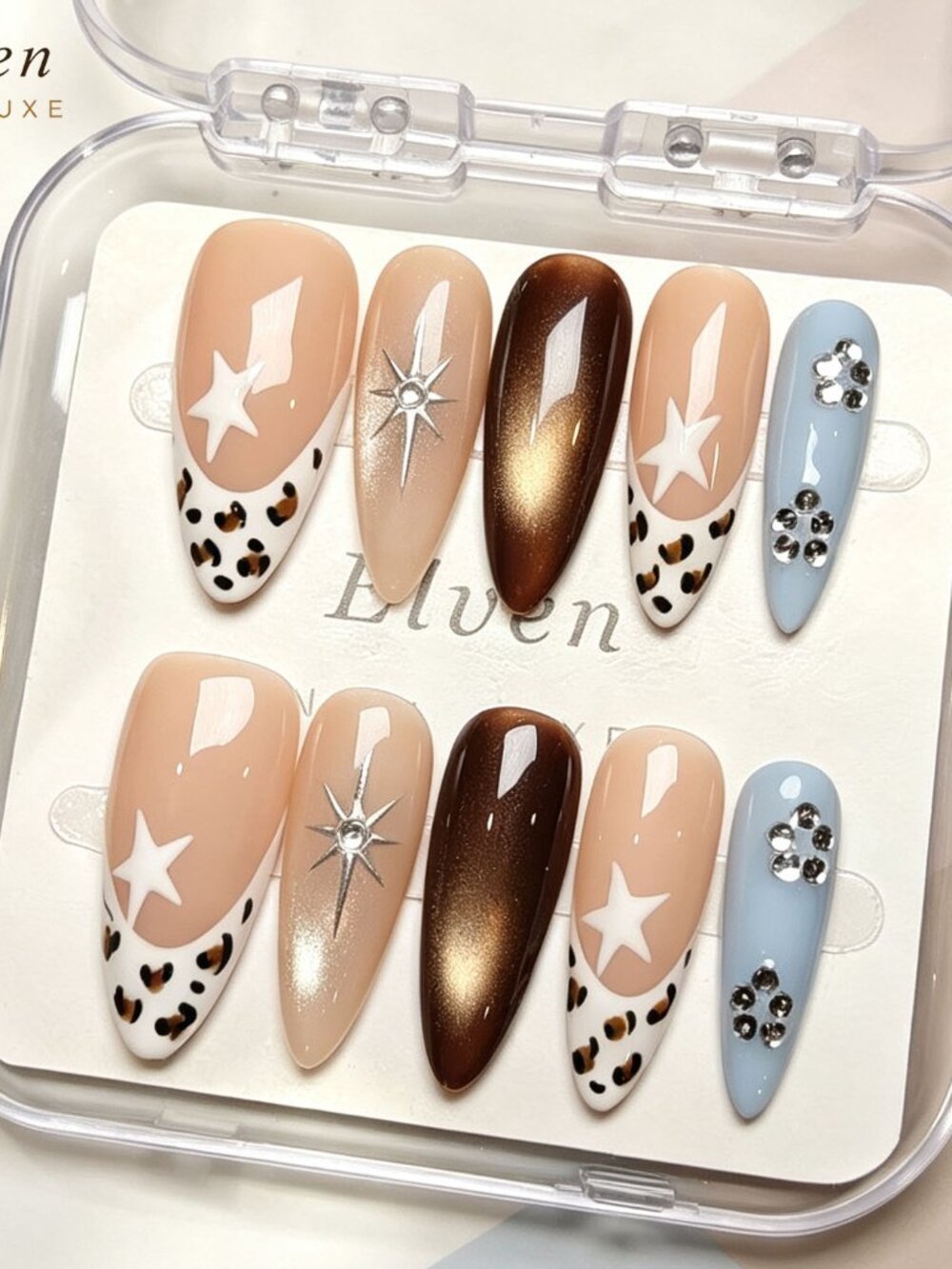 Y2K Retro Long Almond Press On Nails | Leopard Print Star Brown Cat-Eye